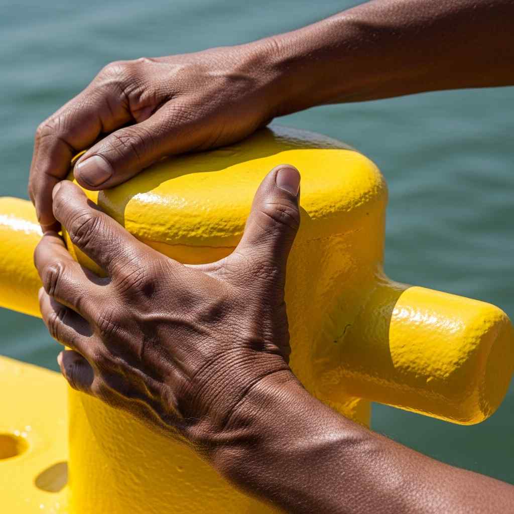 Hands gripping a new yellow mooring bollard on the Okrika jetty.