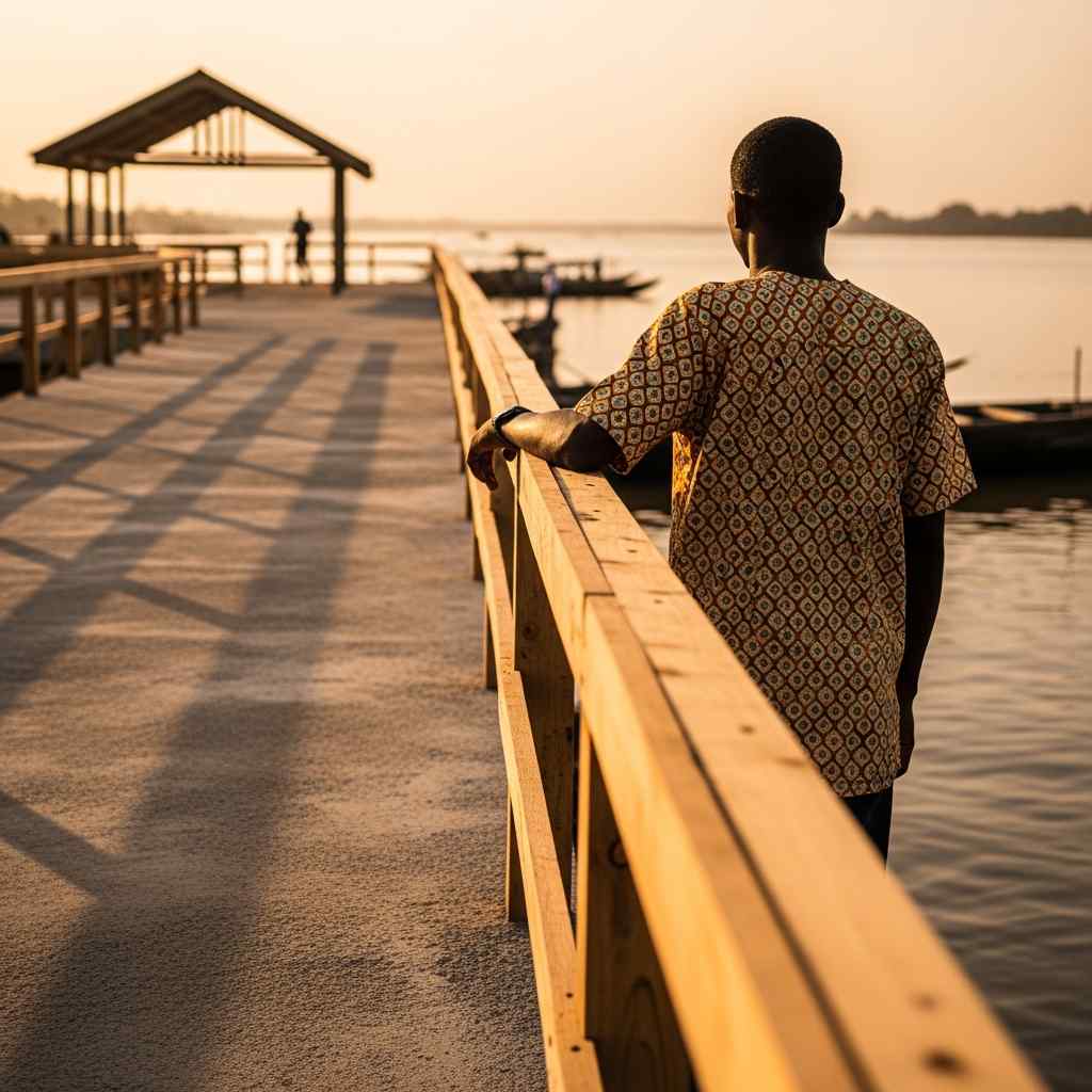 A person from behind touches the wooden railing of a new concrete jetty overlooking a river in Ni...