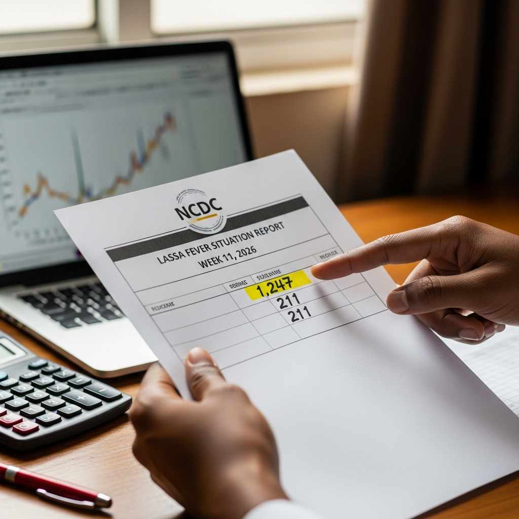 Close-up pointing on a printed health situation report.