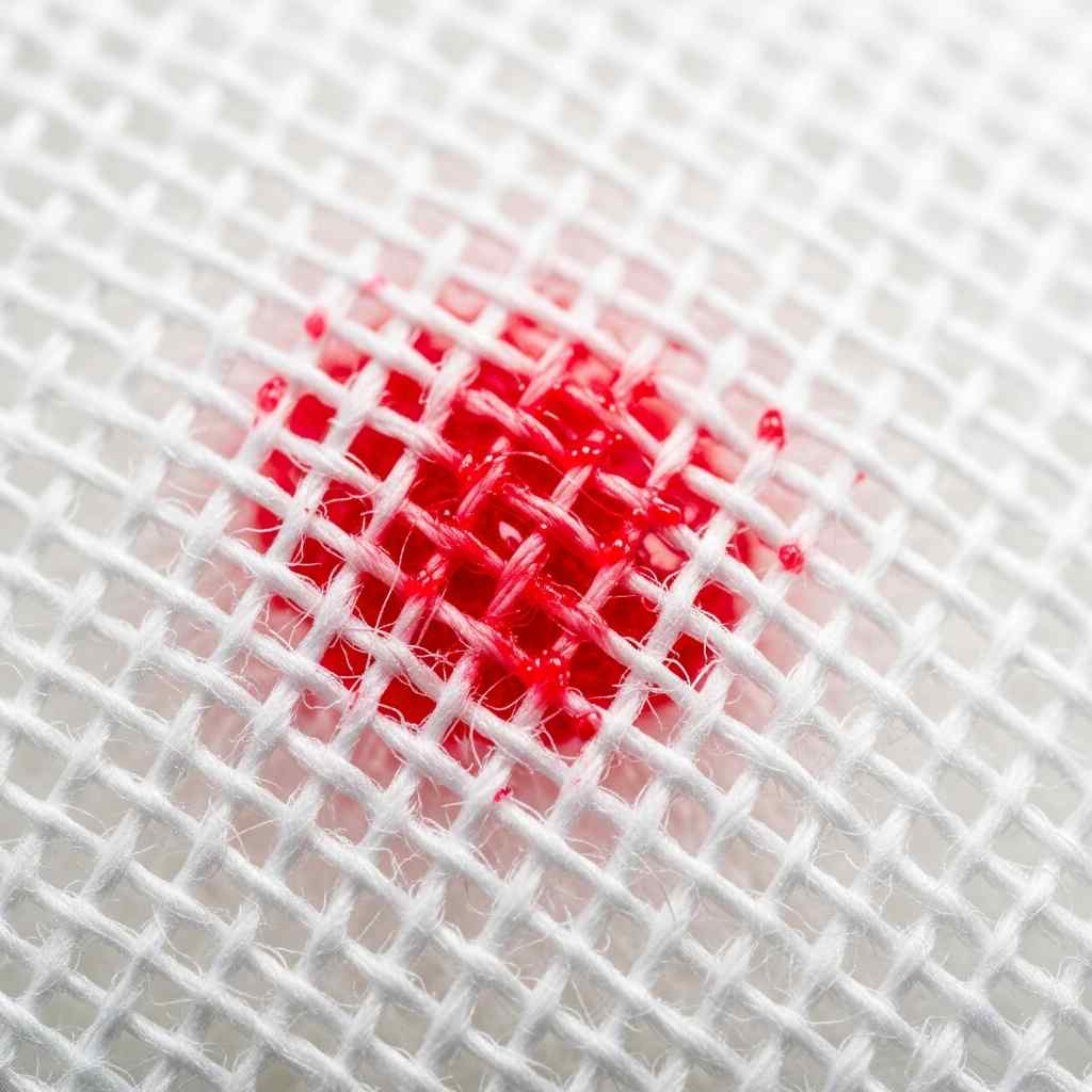 Red liquid spreading through the white threads of a sterile gauze pad.