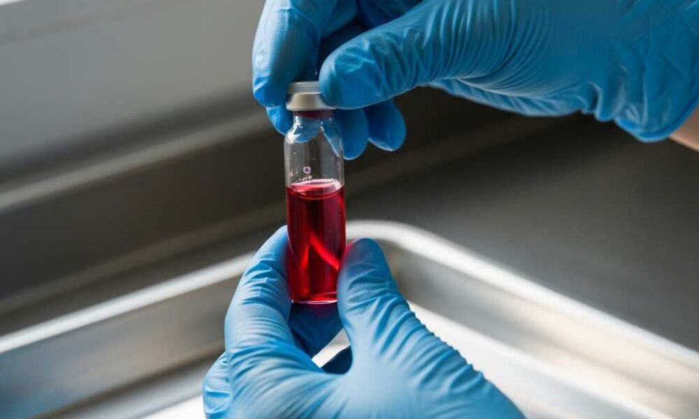 Gloved hands medical professional handling a diagnostic specimen vial clinic.