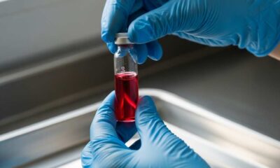 Gloved hands medical professional handling a diagnostic specimen vial clinic.