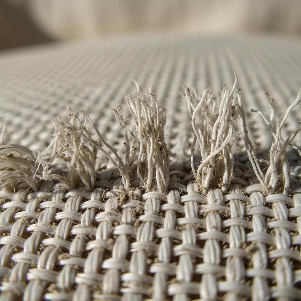 A macro view woven texture white gra with dust and frayed edges.