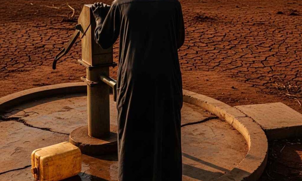A person with hands on a broken borehole pump in a dry, rural Nigerian landscape.