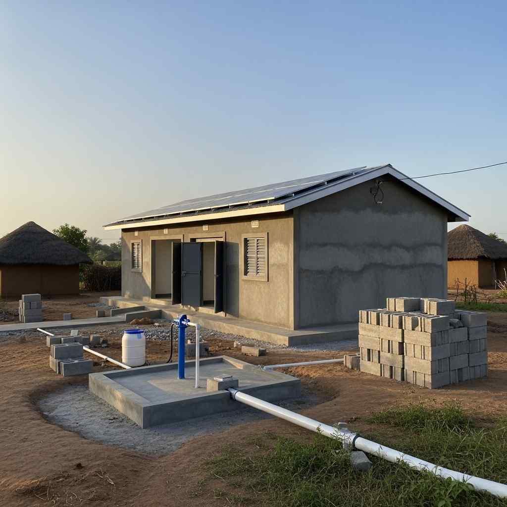 New rural health center with solar panels village morning light