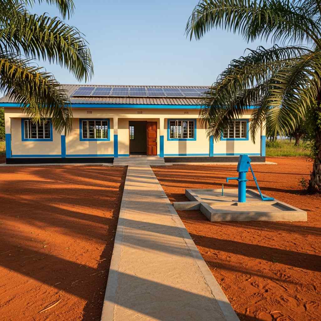 New rural health centre with solar panels and water borehole in morning sunlight