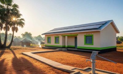 New rural health center with solar panels in Nigerian village morning light