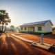 New rural health center with solar panels in Nigerian village morning light