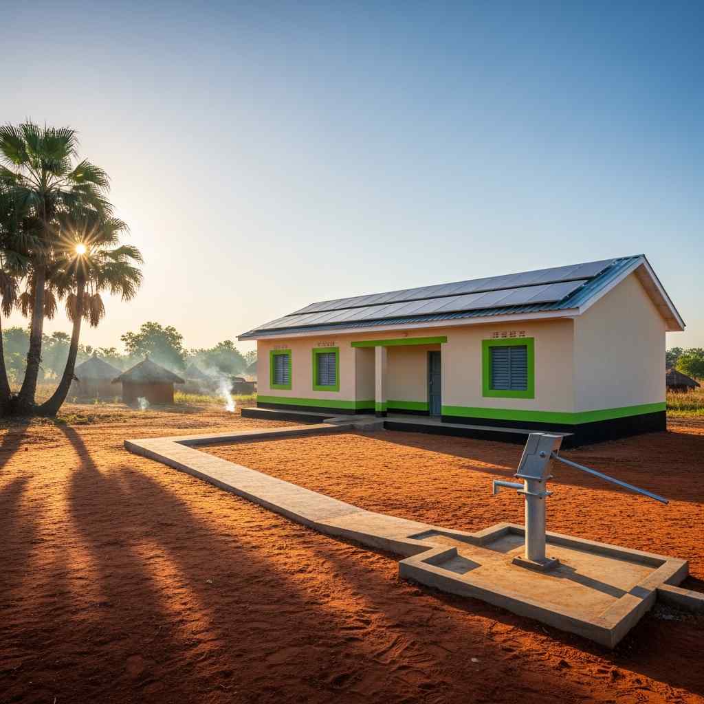 New rural health center with solar panels in Nigerian village morning light