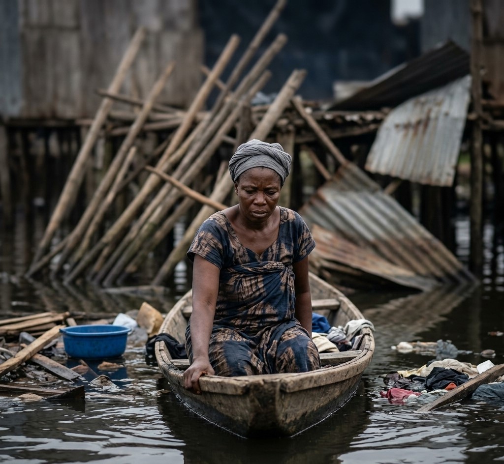 Makoko demolitions showing destroyed wooden structures on Lagos lagoon with personal belongings floating in waterFeatured Image Description:
Documentary photograph of Makoko waterfront community after demolition exercise. Broken wooden stilt houses collapse into Lagos lagoon. Roofing sheets and household items float among the debris. Several men in small wooden canoes paddle through the wreckage, attempting to salvage materials. Date stamp indicates first quarter 2026.Featured Image Title:
makoko-demolitions-lagoon-destruction-2026.jpg