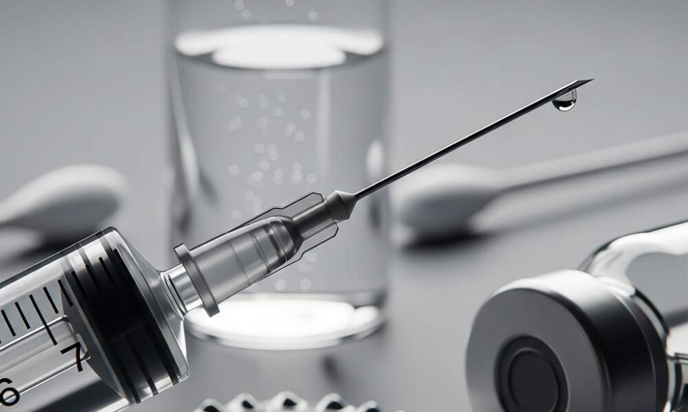 Macro close-up syringe and medical vial with vaccine.