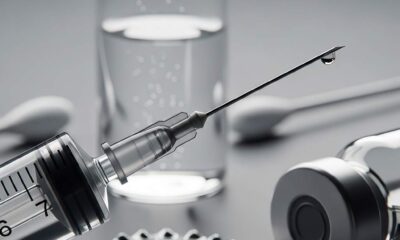 Macro close-up syringe and medical vial with vaccine.