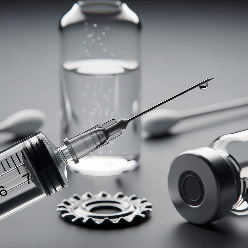 Macro close-up syringe and medical vial with vaccine.