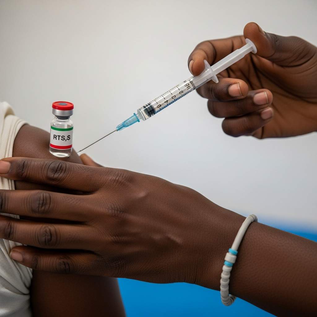 Close-up giving a child a malaria vaccine injection.