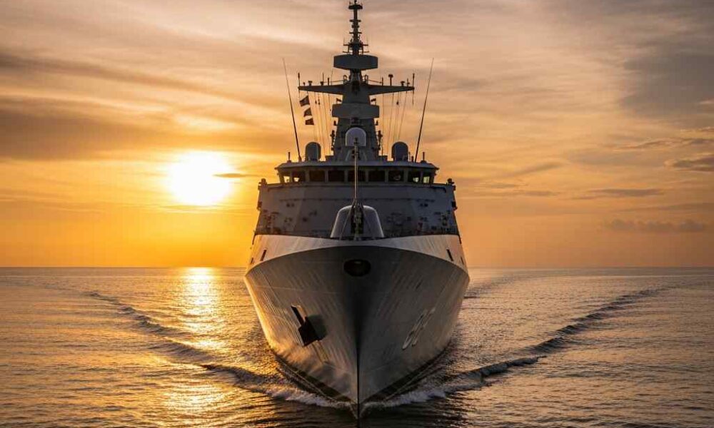 Nigerian Navy patrol vessel on sunset patrol in the Gulf of Guinea.