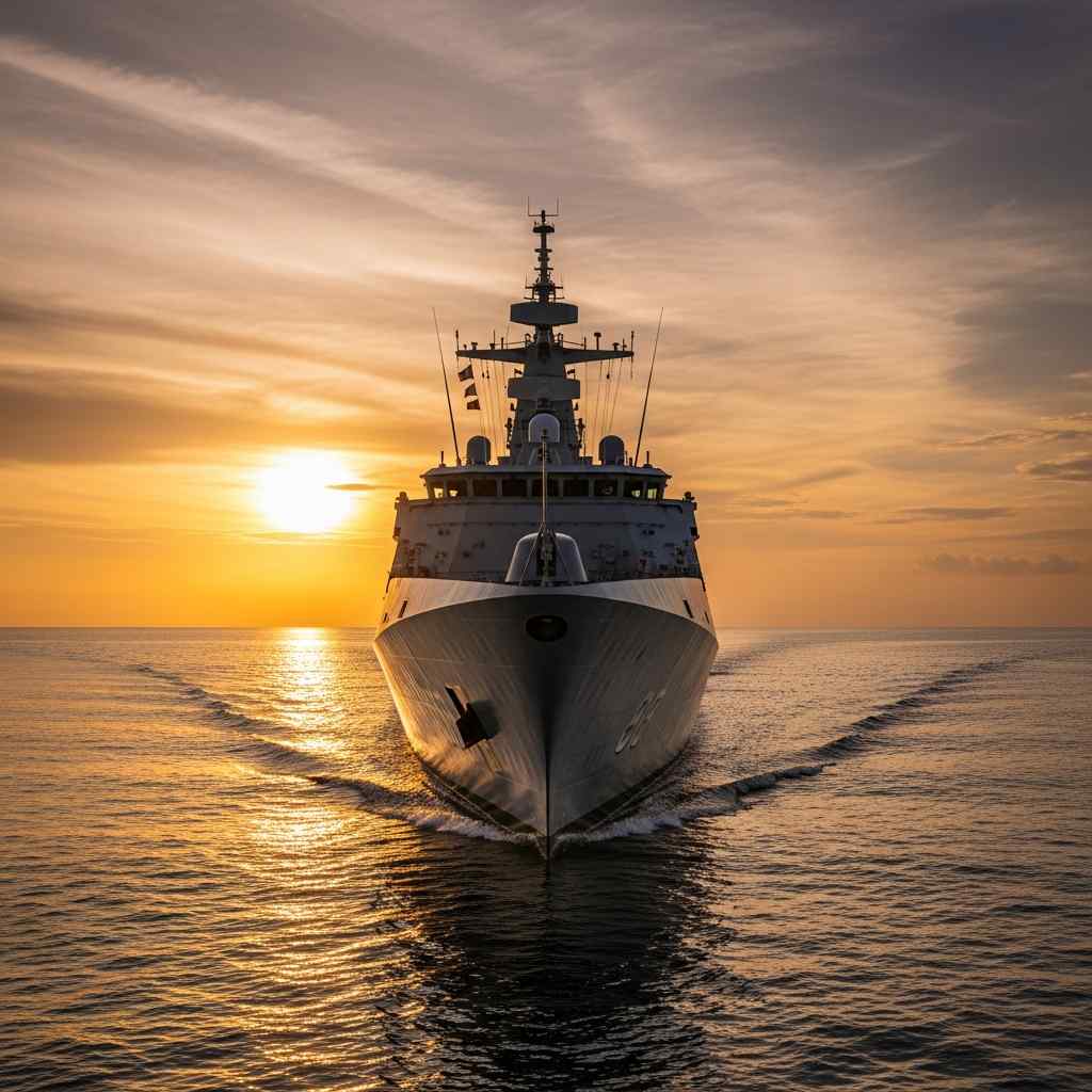 Nigerian Navy patrol vessel on sunset patrol in the Gulf of Guinea.
