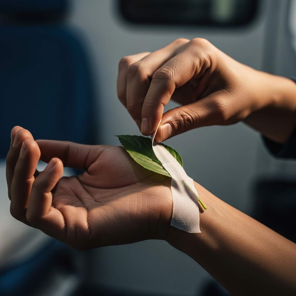 A paramedic's hand symbolically tapes a green leaf to a patient's wrist during a medical emergency in Nigeria.