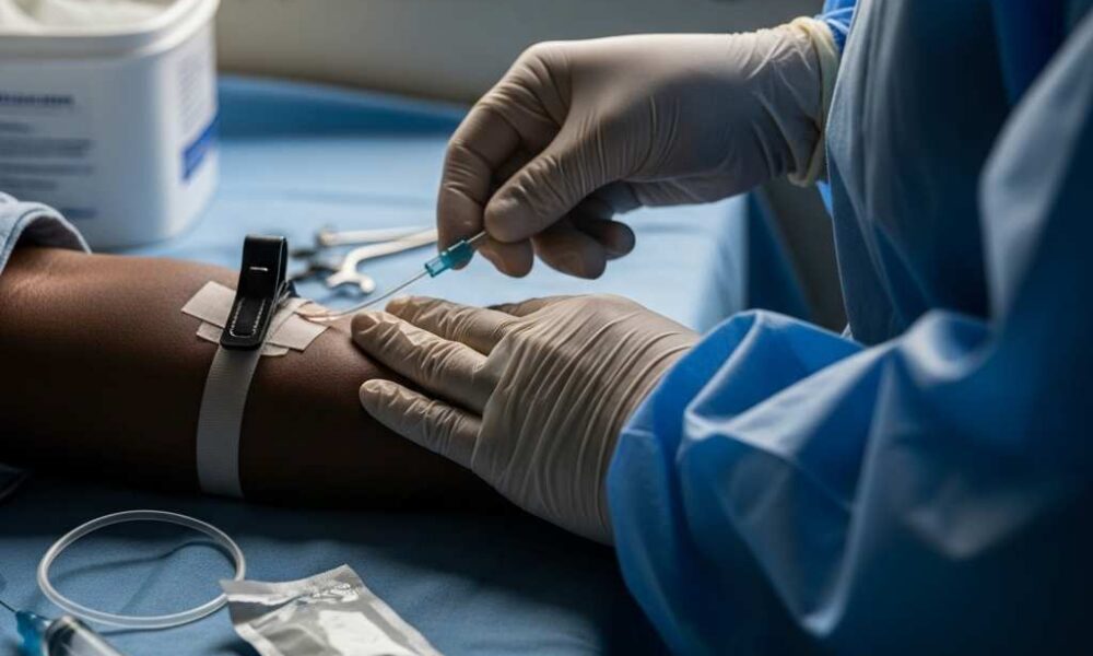 Hands inserting an IV cannula during a medical emergency.