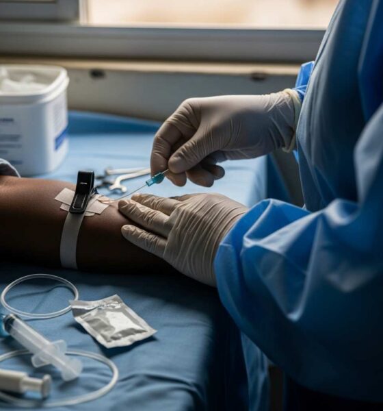Gloved hands inserting an intravenous cannula in a medical setting.