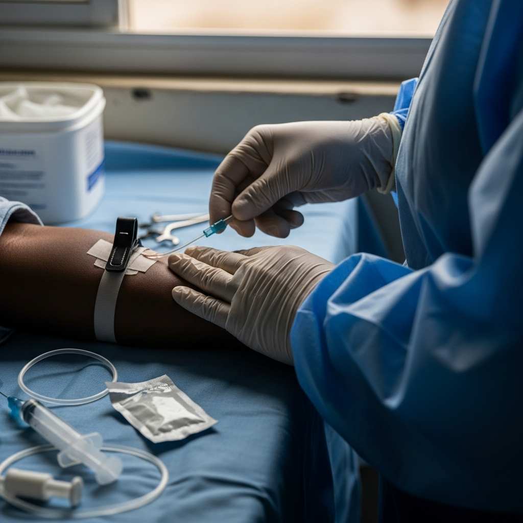 Hands inserting an IV cannula during a medical emergency.