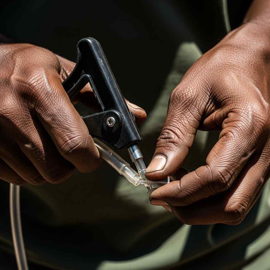 Close-up hands adjusting a manual medical suction device.