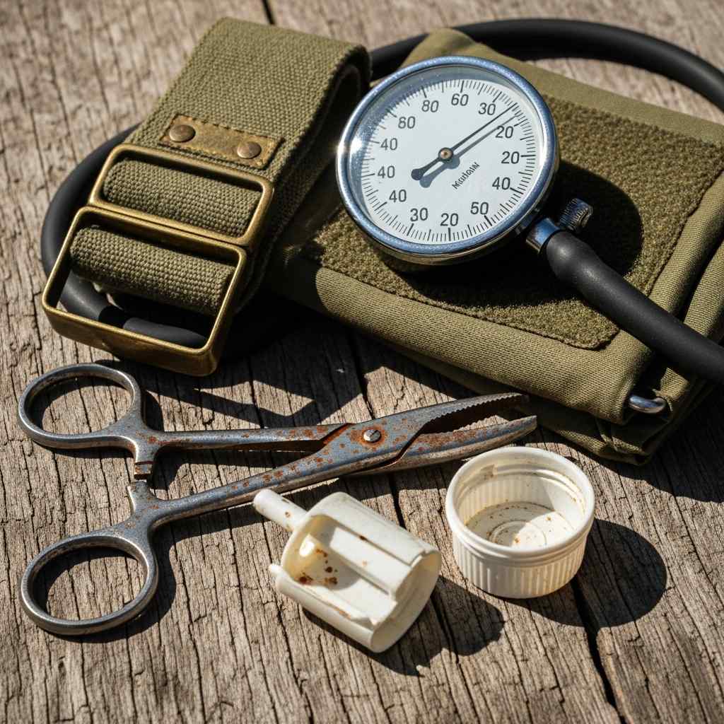 Close-up, worn medical tools light.