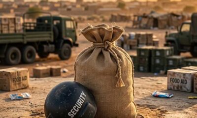 Burlap food aid sack beside tactical helmet at distribution camp sunset