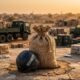 Burlap food aid sack beside tactical helmet at distribution camp sunset