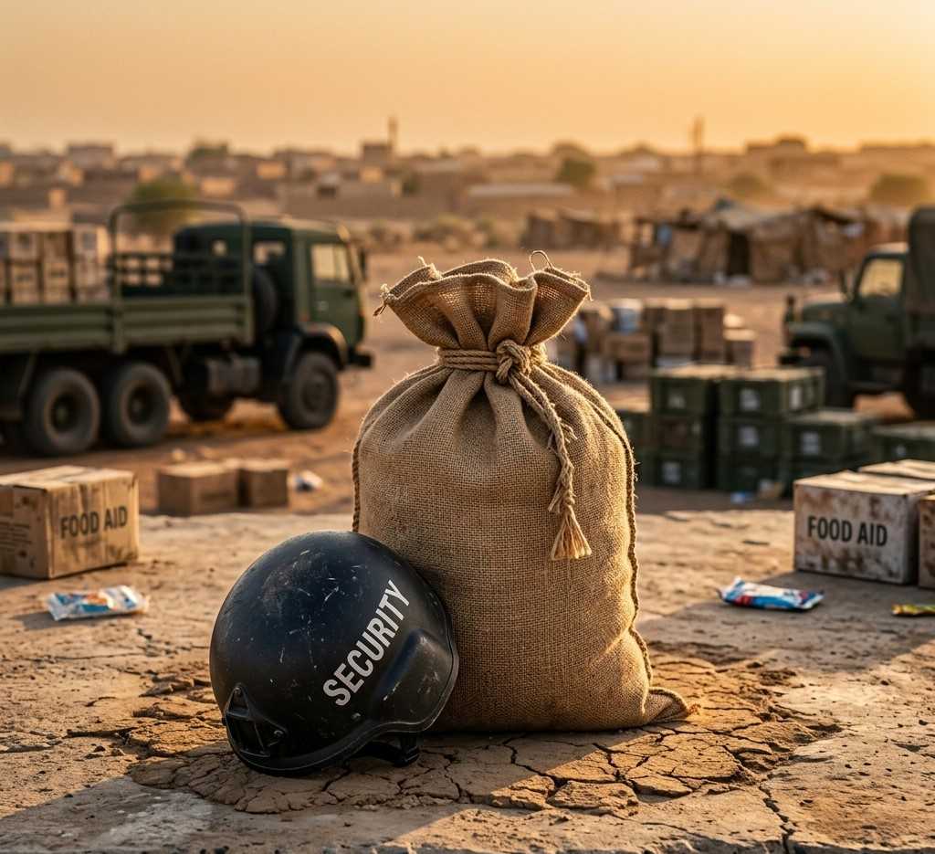 Burlap food aid sack beside tactical helmet at distribution camp sunset