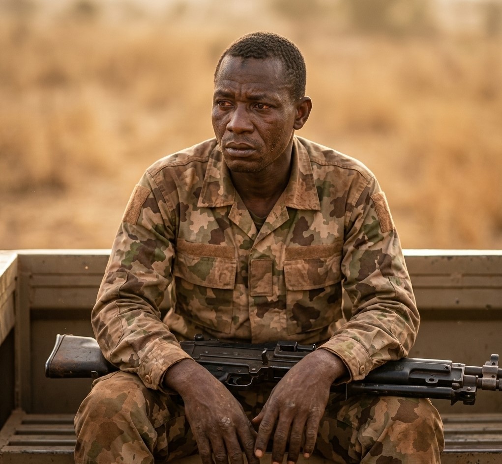 Military convoy on Zamfara dirt road with soldiers in open-backed vehicles scanning surroundingsFeatured Image Description:
Digital photograph of Nigerian Army convoy moving through rural Zamfara terrain. Dust rises behind vehicles. Soldiers sit in formation with weapons aimed outward. Sparse vegetation and dry earth visible. Hills in far distance. Late morning light creates long shadows. Date stamp indicates March 2026.Featured Image Title:
military-convoy-zamfara-banditry-operations-2026.jpg