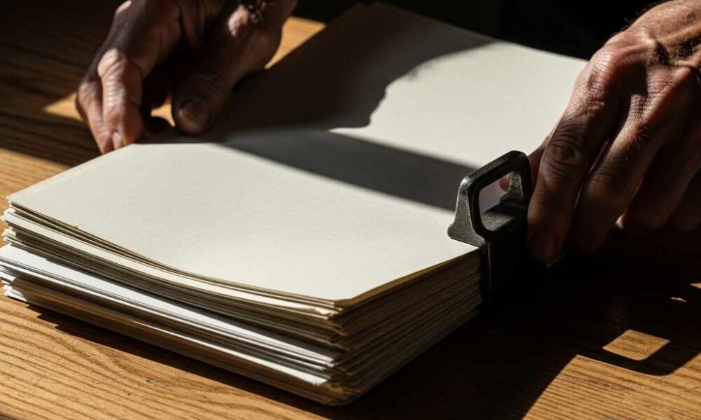 Close-up sorting through a stack papers on a rustic wooden table