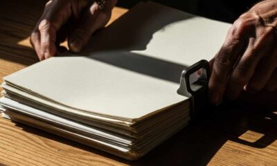 Close-up sorting through a stack papers on a rustic wooden table