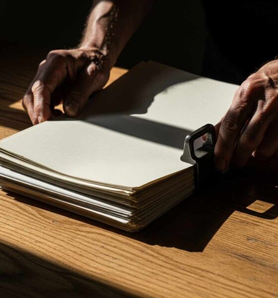 Person sorting business papers on a wooden table