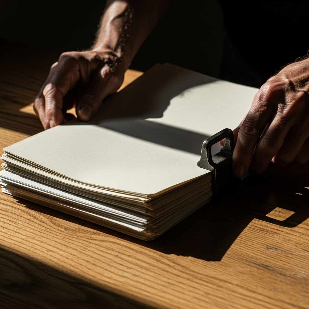 Close-up sorting through a stack papers on a rustic wooden table