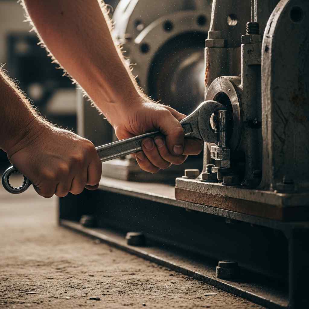 Hands using tools to unscrew bolts on industrial machinery in warehouse setting