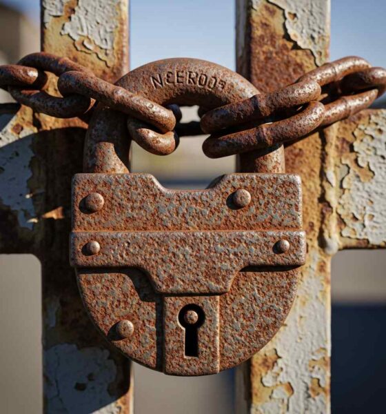 A close-up rusted padlock and cha a closed metal gate.