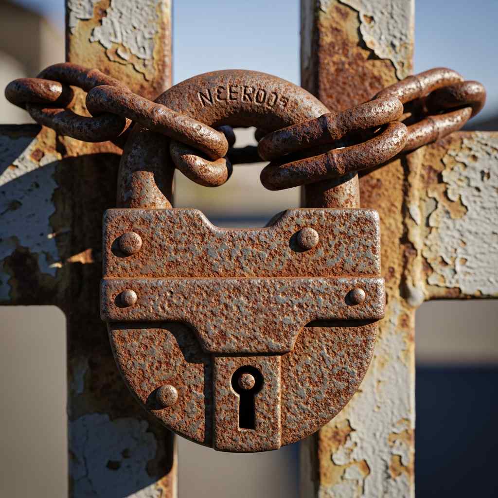 A close-up rusted padlock and cha a closed metal gate.