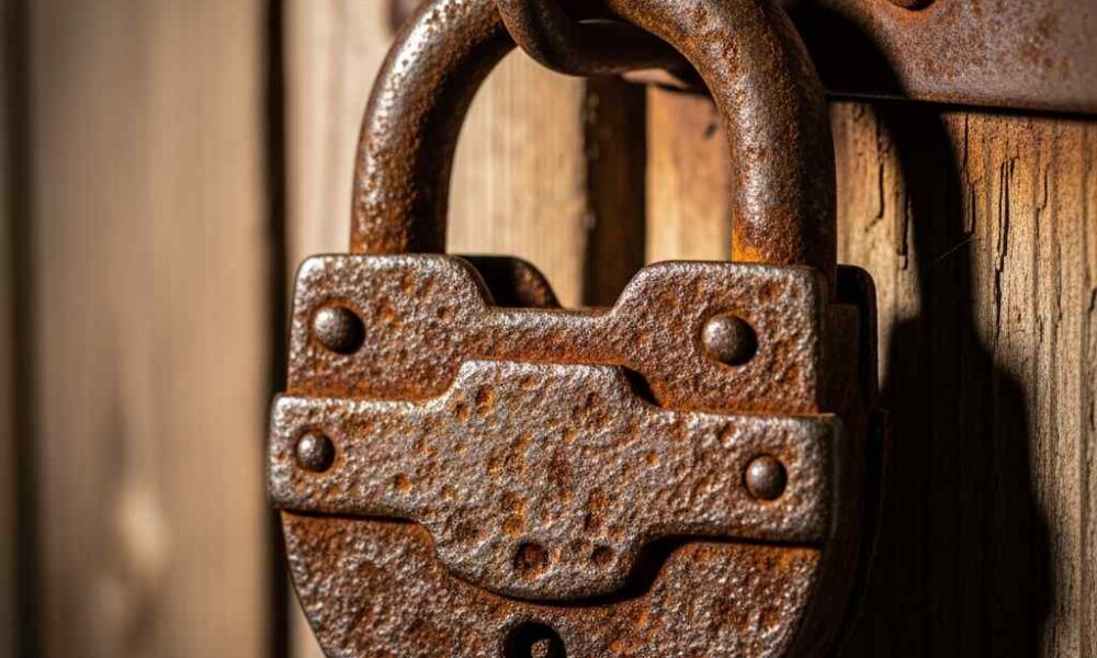 A rusted padlock on a wooden stall door.