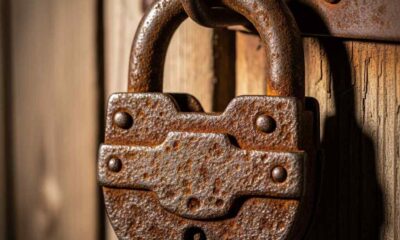 A rusted padlock on a wooden stall door.