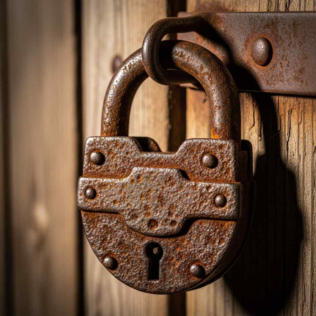 A rusted padlock on a wooden stall door.