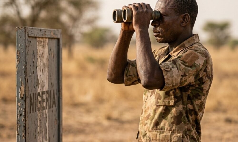 Nigerian soldiers at border post near Niger Republic looking across fence line after coup closureFeatured Image Description:
Digital photograph of Nigerian military personnel in camouflage uniforms standing at a border observation post along the Nigeria-Niger frontier. Soldiers use binoculars to scan the horizon. Dry savannah landscape stretches behind them. A faded border marker visible in foreground. Date stamp indicates dry season 2026.Featured Image Title:
niger-coup-border-security-nigeria-2026.jpg