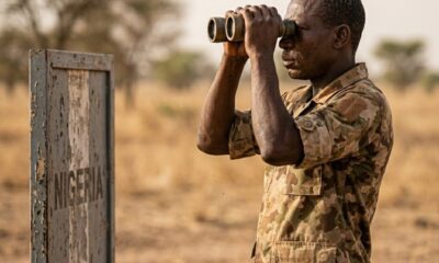 Nigerian soldiers at border post near Niger Republic looking across fence line after coup closureFeatured Image Description:
Digital photograph of Nigerian military personnel in camouflage uniforms standing at a border observation post along the Nigeria-Niger frontier. Soldiers use binoculars to scan the horizon. Dry savannah landscape stretches behind them. A faded border marker visible in foreground. Date stamp indicates dry season 2026.Featured Image Title:
niger-coup-border-security-nigeria-2026.jpg