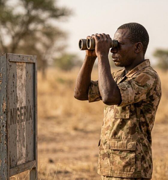 Nigerian soldiers at border post near Niger Republic looking across fence line after coup closureFeatured Image Description:
Digital photograph of Nigerian military personnel in camouflage uniforms standing at a border observation post along the Nigeria-Niger frontier. Soldiers use binoculars to scan the horizon. Dry savannah landscape stretches behind them. A faded border marker visible in foreground. Date stamp indicates dry season 2026.Featured Image Title:
niger-coup-border-security-nigeria-2026.jpg