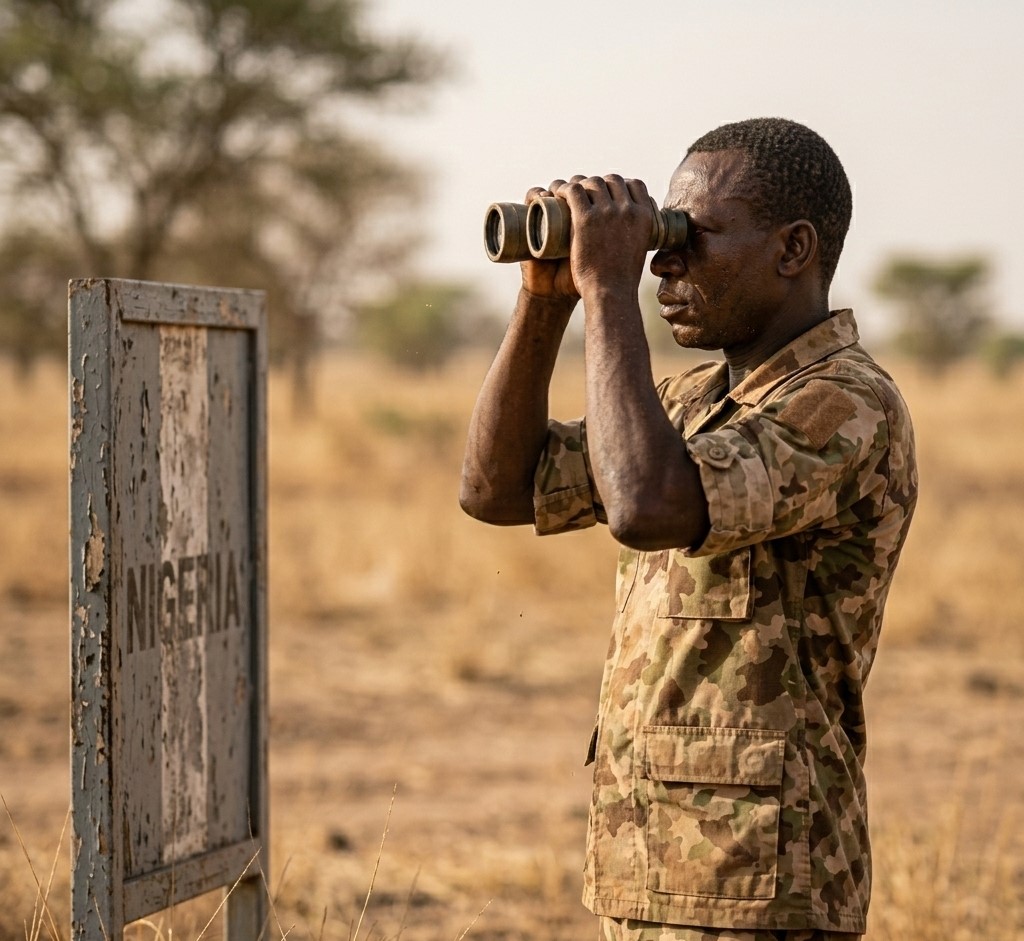 Nigerian soldiers at border post near Niger Republic looking across fence line after coup closureFeatured Image Description:
Digital photograph of Nigerian military personnel in camouflage uniforms standing at a border observation post along the Nigeria-Niger frontier. Soldiers use binoculars to scan the horizon. Dry savannah landscape stretches behind them. A faded border marker visible in foreground. Date stamp indicates dry season 2026.Featured Image Title:
niger-coup-border-security-nigeria-2026.jpg