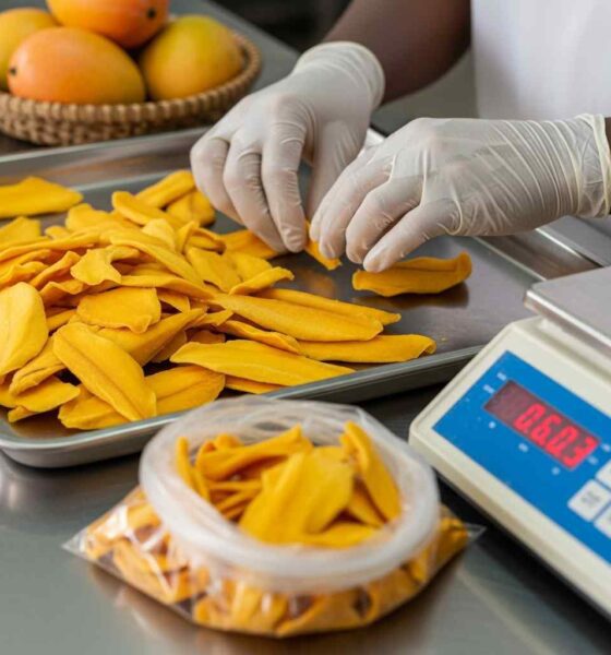 Worker sorting dried mango slices on a steel tray in a processing plant