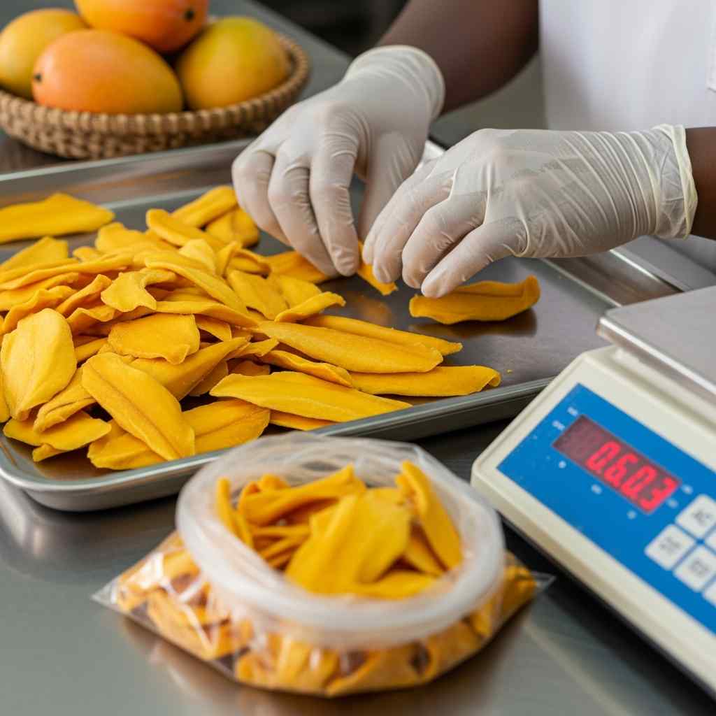 Hands sorting dried mango slices on a stainless steel tray in a processing plant.