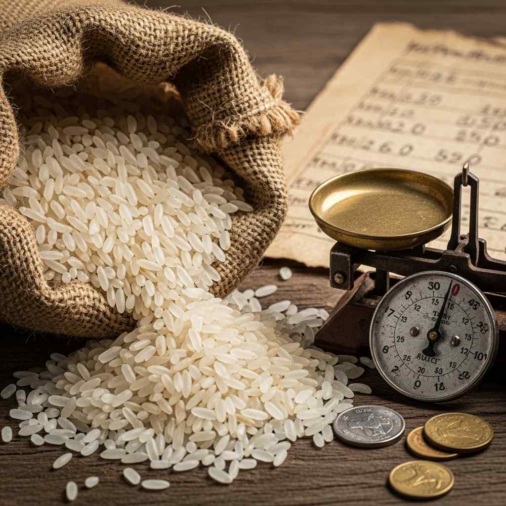 Close-up rice sack, a scale, coins, and a worn price list on wood.