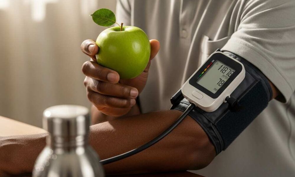 Person checking blood pressure with a home monitor while holding an apple.