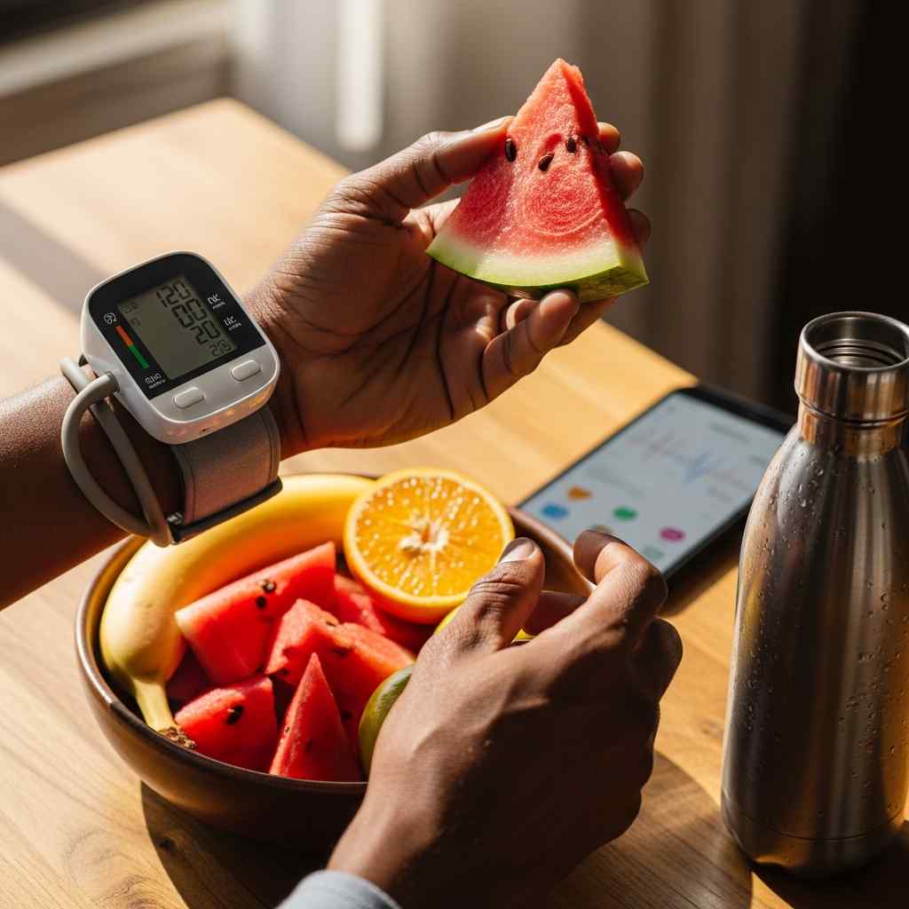 Hands checking blood pressure while holding a slice beside a bowl.