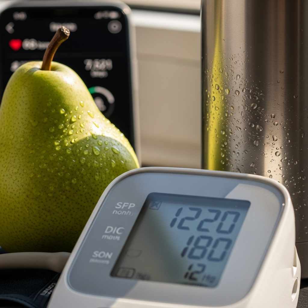 Close-up blood pressure monitor, a pear, a water bottle, and a smartphone with a fitness app.